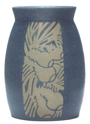Stylized pinecones on this 5 3/4-inch vase are typical of the naturalistic decorations found on Overbeck pottery. This nice example sold for $7,475 at Treadway Toomey’s June 2007 auction.