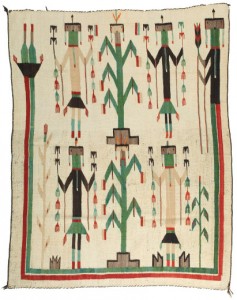 e’ii figures (Navajo holy persons or deities) were not depicted on textiles until after 1900. Corn Ye’iis are flanked by female Ye’iis on this weaving (58 by 50 inches) of native hand-spun wool in vegetal green and aniline dyes. Image courtesy Cowan’s Auctions Inc.