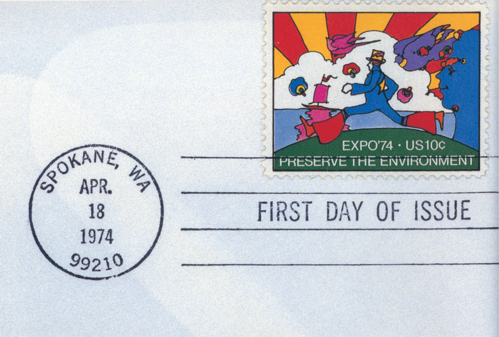 On many occasions, Max has created art in support of favorite causes. For the 1974 International Exposition on the Environment in Spokane, Washington, he designed this memorable “running man” stamp for the United States Postal Service. Image courtesy The Art of Peter Max, Abrams, New York.