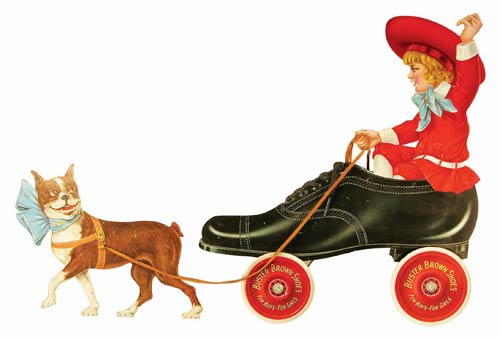 Buster Brown Shoes tin sign, depicting Buster's dog Tige pulling Buster in a shoe (est. $15,000).