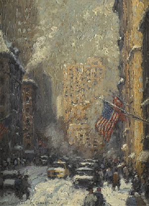 Laurence A. Campbell (American, b. 1940) Broadway near Union Square; Oil on Masonite; 16