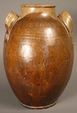 Rare 19th-century redware jar, only known intact piece by Tennessee potter John A. Lowe.