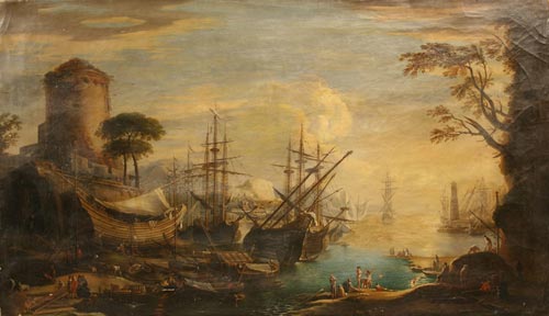 Fine Art offerings include this large harbor scene by Italian master Giovanni Signorini (1808-1858). 
