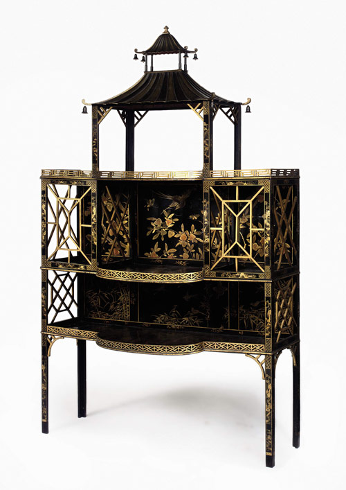 A George II black and gilt-japanned and Chinese lacquer open china display-case, attributed to William and John Linnnell, mid-18th century  Estimate: £120,000–180,000, at Christie’s London, Nov. 20, 2008. Courtesy Christie’s Images Ltd. Today’s rate is: £1 = $1.79.