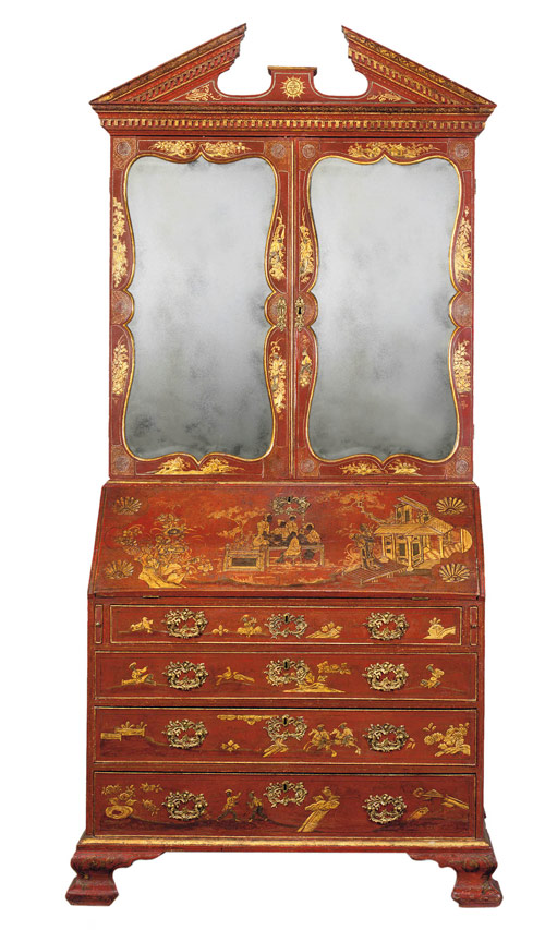 A George II red and gilt-japanned bureau-cabinet attributed to Giles Grendy, c.1740 Estimate: £250,000 - 400,000, at Christie’s London, Nov. 20, 2008. Courtesy Christie’s Images Ltd. Today’s rate is: £1 = $1.79. 