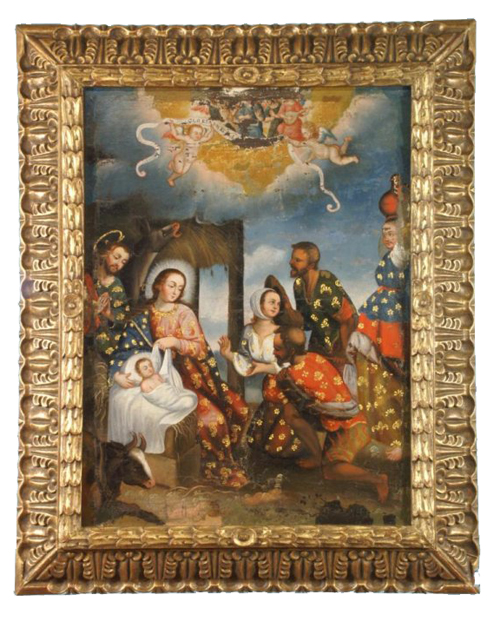 Adoration of Magi, 17th-century oil on canvas, Cuzco school, Peru. Est. $6,500-$7,500.
