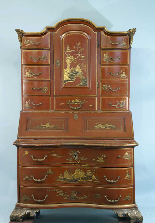 18th-century German red Chinoiserie secretary, 84 inches tall, est. $5,500-$6,500. 