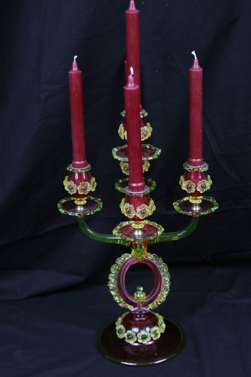 A magnificent 18-inch-tall Thomas Webb Royal Event cranberry and Vaseline candelabrum believed to have been made for Her Majesty Queen Victoria.