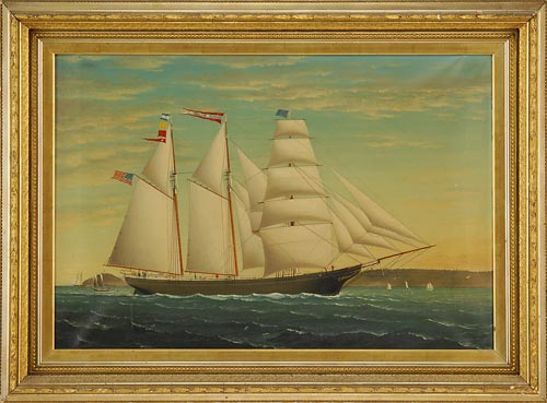 Maine artist James Babbidge’s painting of the Hannah McLoon sailing   past Rockland Harbor made $22,425. Image courtesy Julia Auctions.