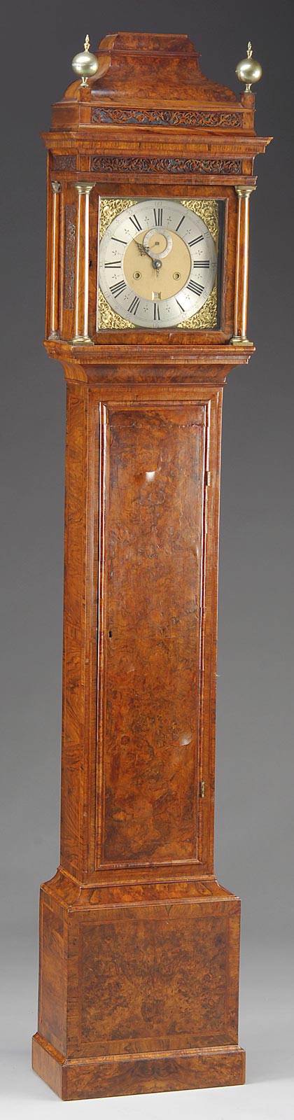 With wooden works by Daniel Quare of London, this Queen Anne tall case clock topped $80,500.  Image courtesy Julia Auctions.