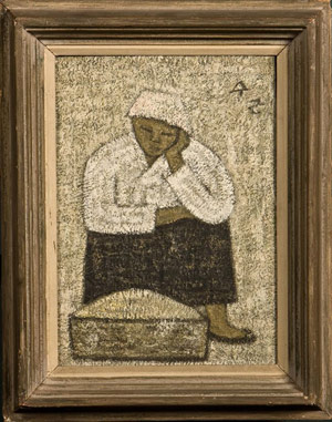 Park Sookeun (Korean, 1914-1965) A seated woman with jar, oil on panel retains original frame with label on reverse, signed in Hangul, 13 5/8 inches by 9 7/8 inches.