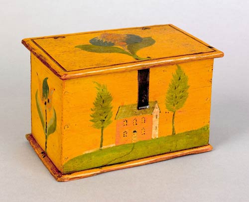 Jonas Weber (1810-1876), Lancaster County, Pennsylvania, painted dresser box, 3x5. $8,000-12,000