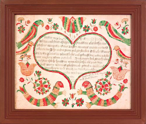 I.T.W. Artist (Berks County, Pennsylvania), watercolor and ink on paper fraktur birth certificate for Jacob Adams 1805, 13x 16. $6,000-10,000