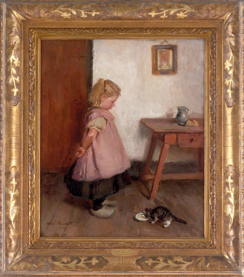 Original 1908 oil painting by Ida Marie Perrault (1874-1956) titled Girl With Cat ($13,200).