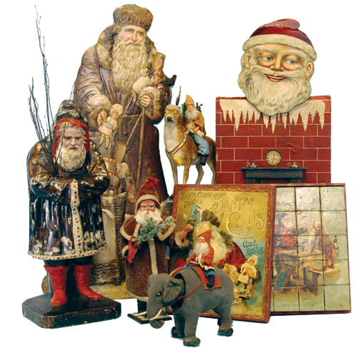 Collectors of Christmas antiques will be able to pick their favorites from an array of hundreds of glass ornaments, Dresdens, Santas and other delights from the Fred Cannon and Mary Lou Holt collections. Image courtesy Bertoia Auctions.