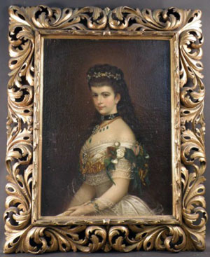 Queen Sissi of Hungary (1837-1898) is the subject of this large unsigned oil painting. It is estimated to sell for $8,000-$12,000 at Going Gone Auction Gallery's first auction, Nov. 8, in New York.  Image courtesy Going Gone Auction Gallery.
