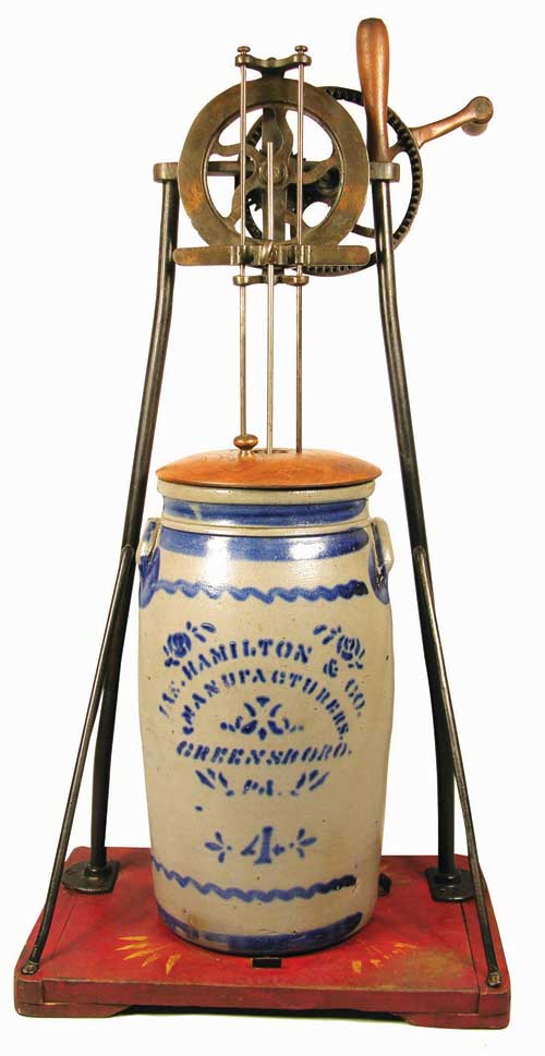 No chips or cracks could be found on this 4-gallon stoneware butter churn that sold for $3,000. Image courtesy Showtime Auctions.