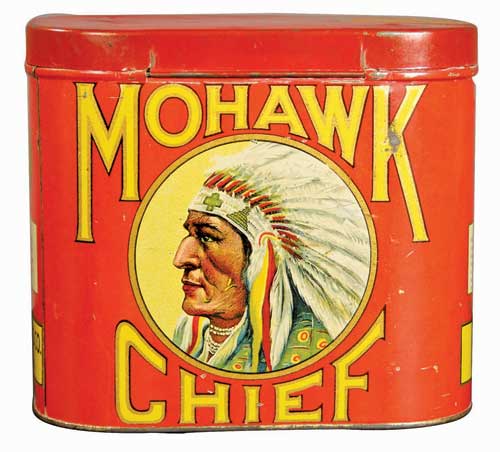 Once filled with 5-cent cigars, this Mohawk Chief cigar tin having some minor scuffs and scratches rose to $1,800. Image courtesy Showtime Auctions.
