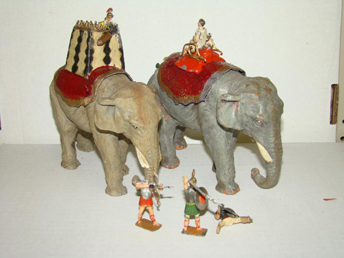 Made in the teens or early 1920s, this pair of Heyde elephants with accessories rode to $2,600.  Image courtesy Philip Weiss Auctions.