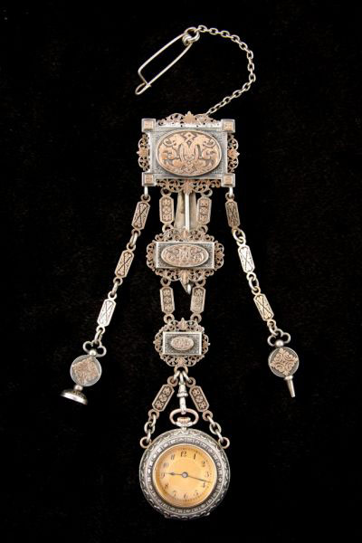 French watch chatelaine (circa early 19th century), with working Swiss watch probably of a later date (est. $1,200-$1,800). Image courtesy Leland Little Auctions.