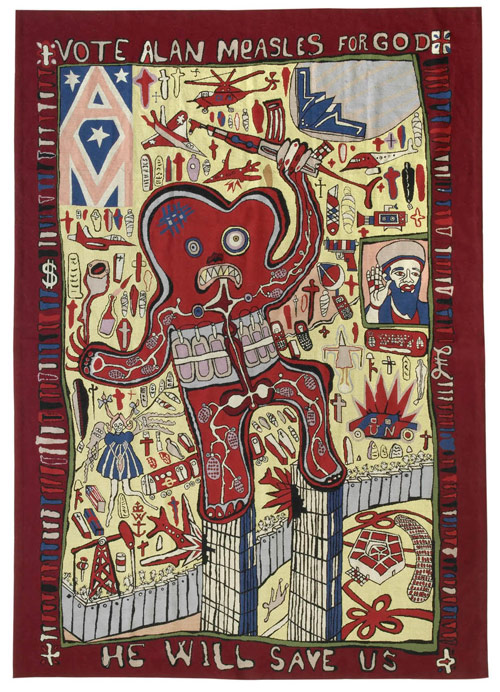 Grayson Perry, Vote Alan Measles for God, 2008, tapestry, 2.5 by 2m, a highlight of the Banners of Persuasion exhibition at The Dairy gallery in London. Image courtesy the artist and Banners of Persuasion.