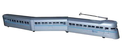 Marketed by Buddy L in very limited quantity in 1935-1936, the Burlington Zephyr train could be pulled by its handle with a child sitting atop the engine, or the youngster could propel forward using foot power. A classic Art Deco toy, it is estimated at $2,000-$3,000.  Image courtesy Grey Flannel Auctions.