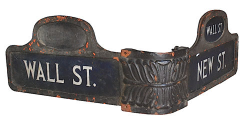 An actual New York City relic of the 1890s, this street sign stood on the corner of Wall Street and New Street. It stands 5 feet tall, with a cast iron frame and double-sided porcelain panels and oval cartouches. Original condition. Estimate: $3,000-$4,000. Image courtesy Grey Flannel Auctions.