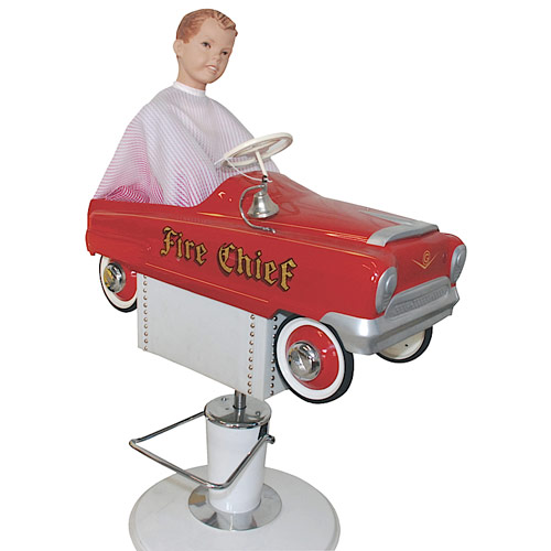 Designed to keep youngsters amused during haircuts, this novel 1956 child’s barber chair incorporates a steerable Garton pressed-steel pedal car that can be elevated by stepping on the hydraulic pump. It includes a child mannequin in peppermint-striped barber’s cape. Estimate: $750-$1,000. Image courtesy Grey Flannel Auctions.