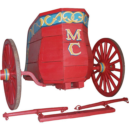 A unique and well-constructed turn of the 20th century piece, this chariot that probably transported clowns was made to be pulled by a pair of horses. The artwork is original, and “MC” insignia represents Mills Circus. Estimate: $500-$750. Image courtesy Grey Flannel Auctions.