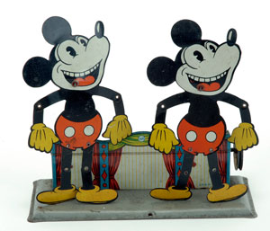 Made by Wilhelm Krauss (Germany), this lithographed-tin, pulley-operated toy features two Mickey Mouse dancers. Previously documented examples include only a single dancing-mouse figure; this is the first of its type that Noel Barrett has ever seen. Estimate: $10,000-$13,000. Noel Barrett Auctions image.