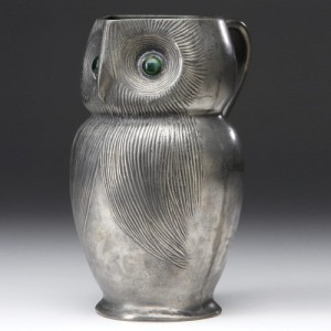 Tudric pewter figural pitcher: A delightful Tudric pewter figural pitcher of an owl with jade eyes. Image courtesy of Rago Arts and Auction Center, Lambertville, N.J.