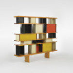 Charlotte Perriand, Jean Prouve and Sonia Delaunay, Bibliotheque from the Maison du Mexique, Ateliers Jean Prouve, France, c. 1952. Enameled aluminum, white pine, mahogany, 72.25 w x 12.75 d x 63 h inches. Hammer price: $126,000. Image courtesy of Wright20.