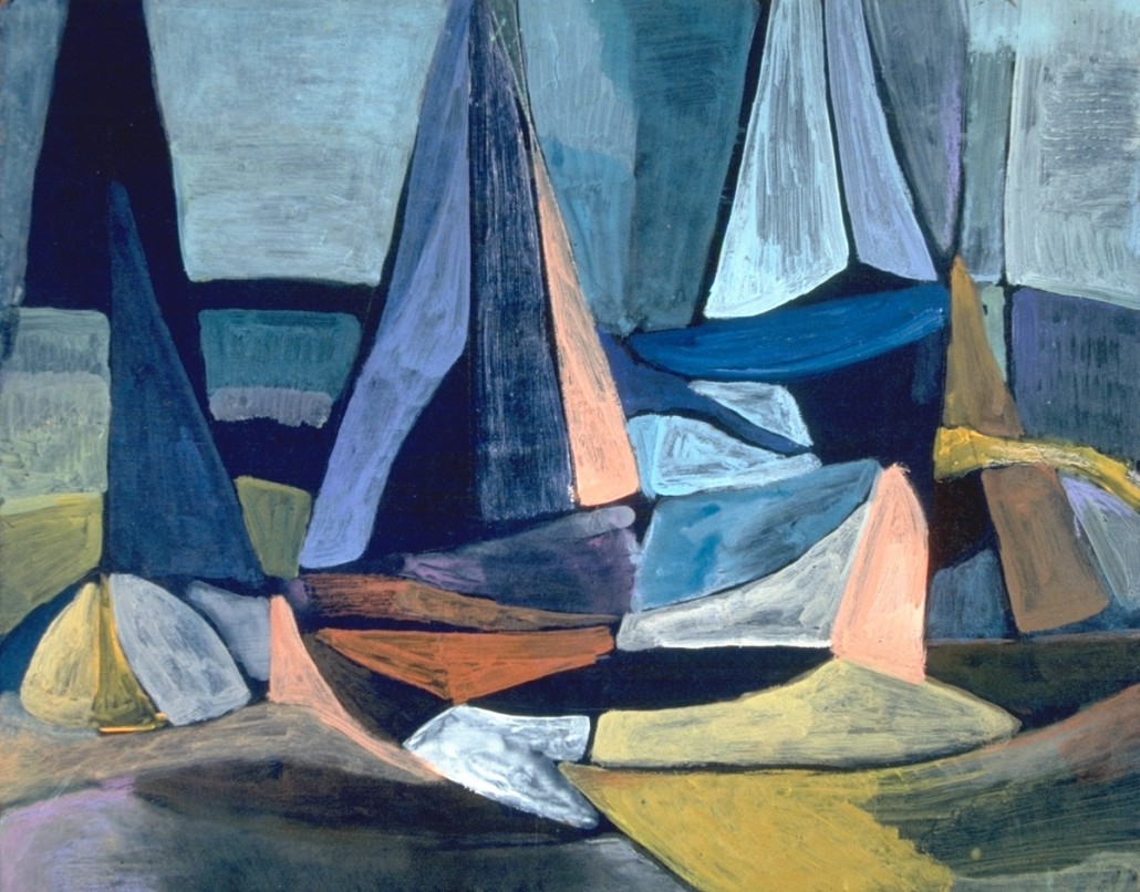 After the Storm, 1996, depicts small sailboats pulled ashore. Bolmeier’s Provincetown paintings, like this scene in mixed media on 11 by 14 board done in 1996, have become more abstract. Image courtesy private collector.