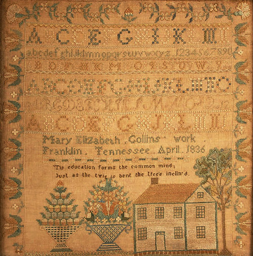 Tennessee house samplers are considered rare. This one signed Mary Elizabeth Collins, Franklin, Tenn., 1836, may top $10,000. Image courtesy Case Antiques.