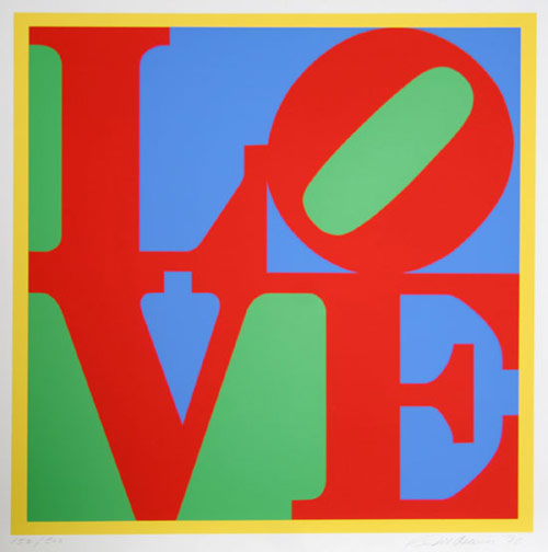 Robert Indiana Heliotherapy Love Screenprint on Lenox Museum Board. 39 by 39.  1995. Edition of 300. Hand signed, numbered and  dated in pencil, lower right. Verso stamped 