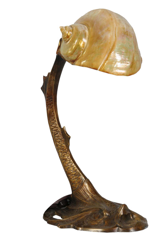 Jugendstil-type Austrian bronze Mythological Fish lamp featuring a natural-shell shade, estimate $1,500-$2,000. Image courtesy Morphy Auctions.