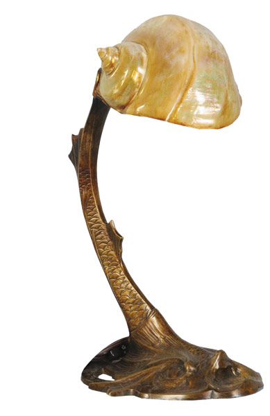 Austrian bronze mythological fish lamp with natural shell shade, reminiscent of Jugendstil designs – estimate $1,500-$2,000. Image courtesy Morphy Auctions.