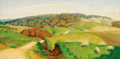 This 15 inch by 30 inch rural Iowa oil-on-canvas landscape by native artist Marvin Cone (1891-1965) sold for $147,500. Image courtesy Jackson's International.