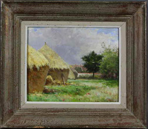 Landscape of haystacks by John Leslie Breck (American, 1860-1899), estimate $10,000-$20,000. Image courtesy Kaminski Auctions.