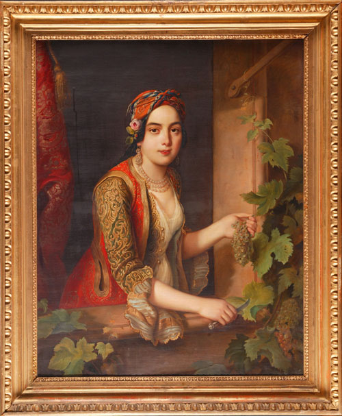Signed and dated 1846 oil-on-canvas portrait by Johann Frankenberger (Austrian, 1807-1874) of young woman in Albanian native dress, measures 39½ inches by 32 inches. Subject is ancestor of the late Hungarian Prime Minister Pal Teleki. Estimate: $4,000-$6,000. Image courtesy Quinn's Auction Galleries