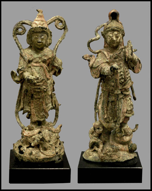 Two 12-inch Ming polychrome bronze figures. Est. $2,000-3,000 each. Image courtesy William Jenack Auctioneers.