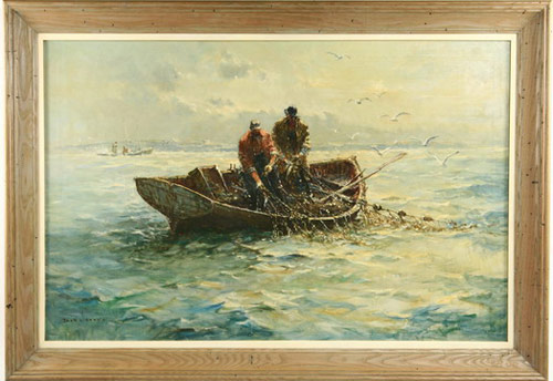 Jack Lorimer Grey oil-on-canvas painting of fisherman on the Outer Banks. Image courtesy Thomaston Place.