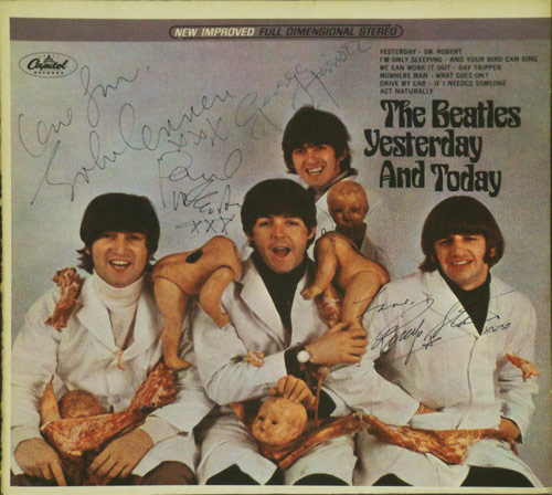 Unreleased proof of an original Butcher album cover signed by all four Beatles, to be sold this spring. Image courtesy Philip Weiss Auctions.