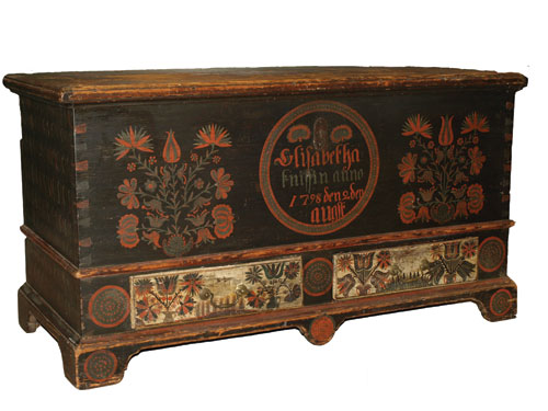 Hailing from Bucks County, Pa., is this paint-decorated blanket chest. Image courtesy Stella Shows.