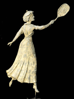 Showing graceful form, this weather vane in the form of a female tennis player dates to the early 1900s. The 26-inch figure retains an old surface. Image courtesy Stella Shows.