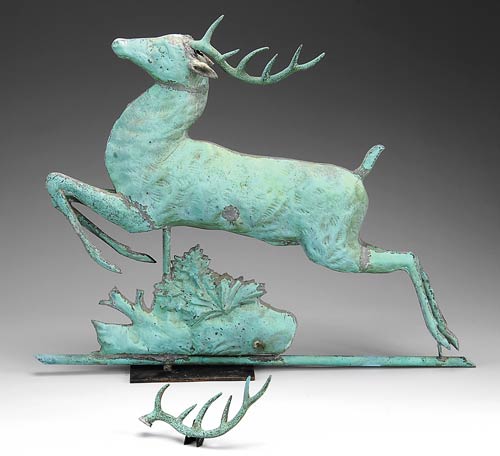 Leaping stag copper with zinc weathervane attributed to Harris & Co., Boston. Estimate $15,000-$25,000. Image courtesy Julia Auctions.
