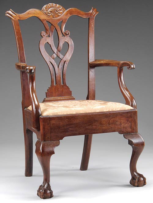 Late 18th-century carved-walnut Philadelphia Chippendale armchair, $18,000-$22,000. Image courtesy Julia Auctions.