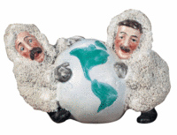 This figurine depicts Frederick Cook and Robert Peary clinging to the world while searching for the North Pole. The 1910 bisque vignette was made by Gebruder Heubach, a German firm. It sold at a Theriault's auction in 2008 for $1,120.