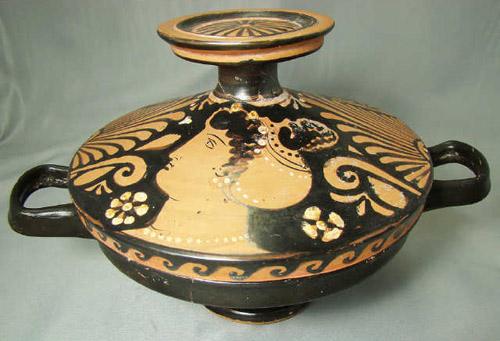 Fashionable women are pictured on this lidded lekanis from Italy, circa 330 B.C. Despite damage, it has a $1,500-$2,000 estimate. Image courtesy of Malter Galleries Inc.