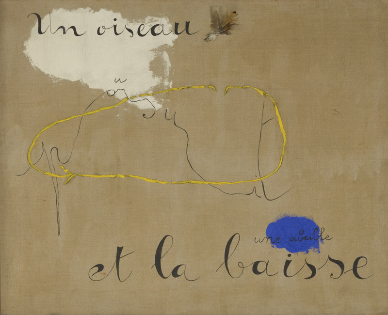 Miró’s series of paintings on unprimed canvas left broad areas of exposed surface as part of the composition of the works. Un Oiseau poursuit une abeille et la baisse, 1927, was done in oil, aqueous medium and feathers on canvas, 32 7/8 inches by 40 1/4 inches. Private collection. CNAC/MNAM/Dis. Reunion des Musees Nationaux/Art Resource, NY. Copyright 2008 Successio Miro / Artist Rights Society (ARS), New York / ADAGP, Paris.